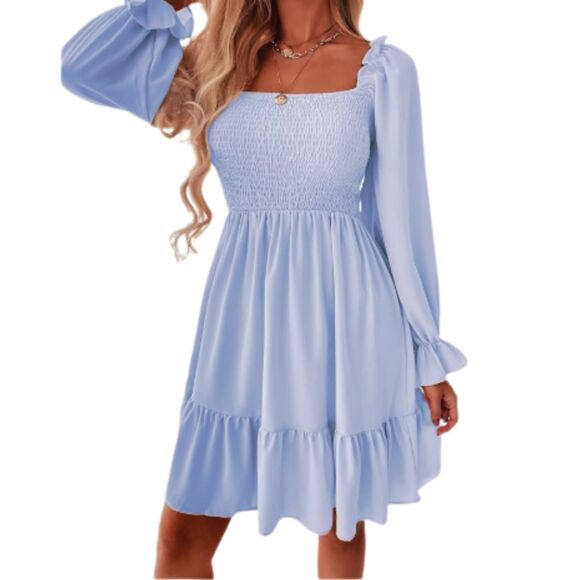 Periwinkle Off Shoulder Ruffle Hem Dress Square Neck Smocked - Picture 9 of 11